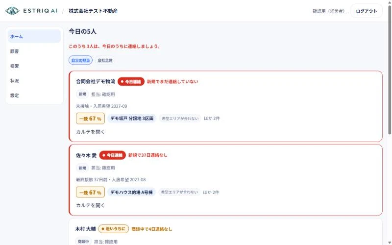 パソコンで見たホームの画面。今日の5人が理由つきで並んでいる